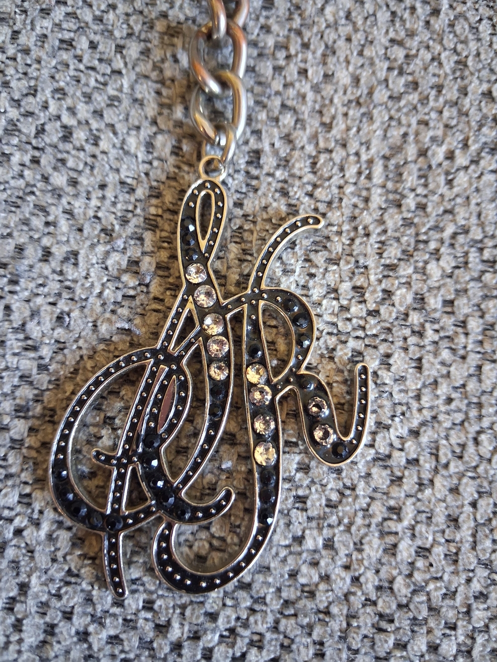 Sienna Ricchi Black Script Initial Keychain with Clear Rhinestones